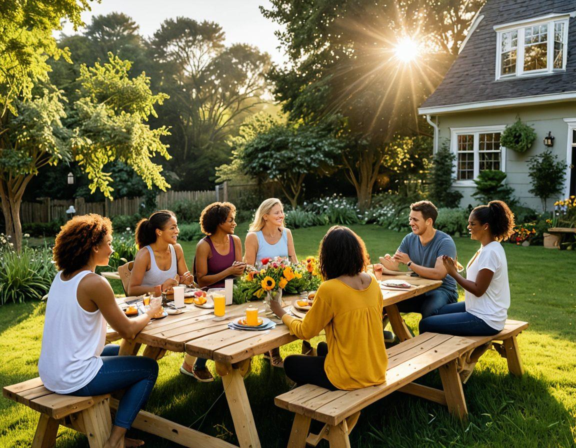 A radiant sunrise illuminating a diverse group of people joyfully engaging in community activities, surrounded by lush greenery and colorful flowers, symbolizing happiness and togetherness. Include elements of laughter, love, and collaboration, with art supplies, wellness activities, and shared meals. Invoke feelings of warmth and positivity. vibrant colors. super-realistic.