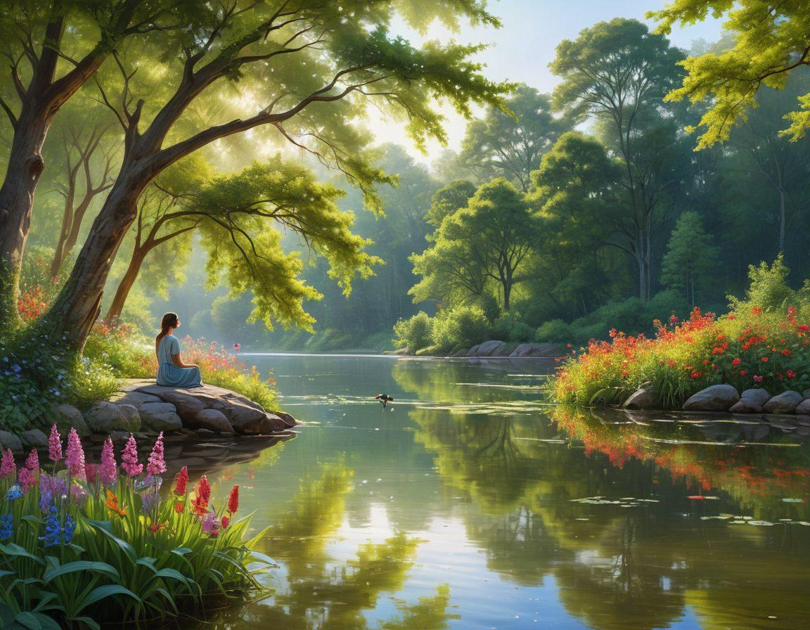 A serene landscape featuring a meditative figure surrounded by lush greenery, vibrant flowers, and a calm lake reflecting the sky. Soft rays of sunlight filter through the trees, creating a warm and inviting atmosphere. Include elements of nature like birds, butterflies, and gentle ripples in the water to symbolize tranquility and contentment. Captivating, tranquil, and harmonious composition. vibrant colors. super-realistic.