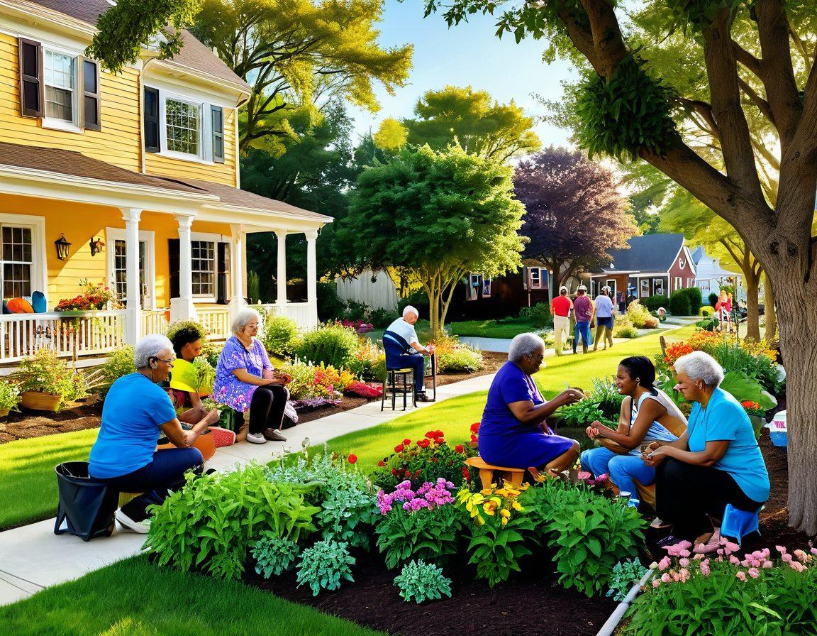 A lively neighborhood scene showcasing diverse individuals engaging in community activities, such as gardening, laughter, and open conversations under colorful banners. Include elements of nature like trees and flowers, and a warm sunset in the background symbolizing hope and unity. Aim for a sense of connection and joy throughout the image. vibrant colors. super-realistic.